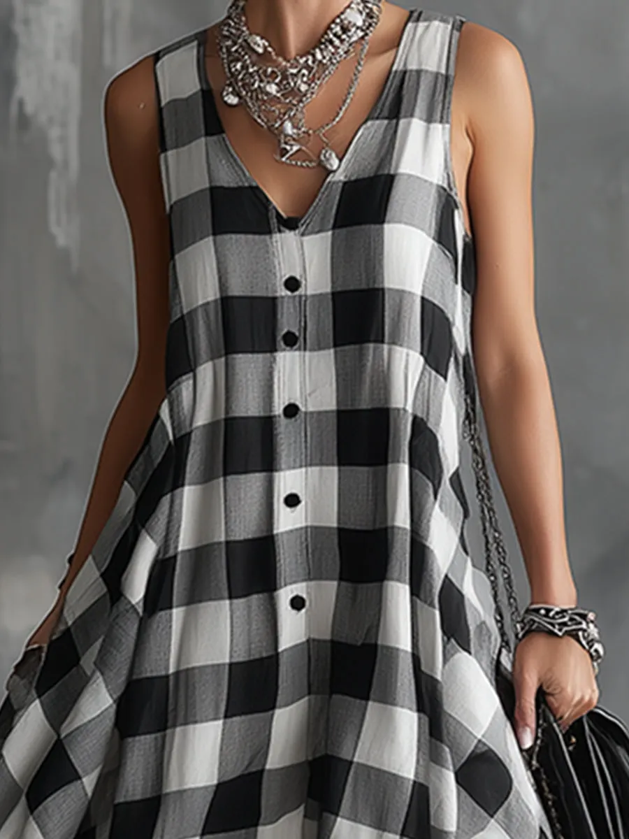 Classic Urban Checkered V-neck Sleeveless Maxi Dress sold by Oyrosy product image thumbnail 5