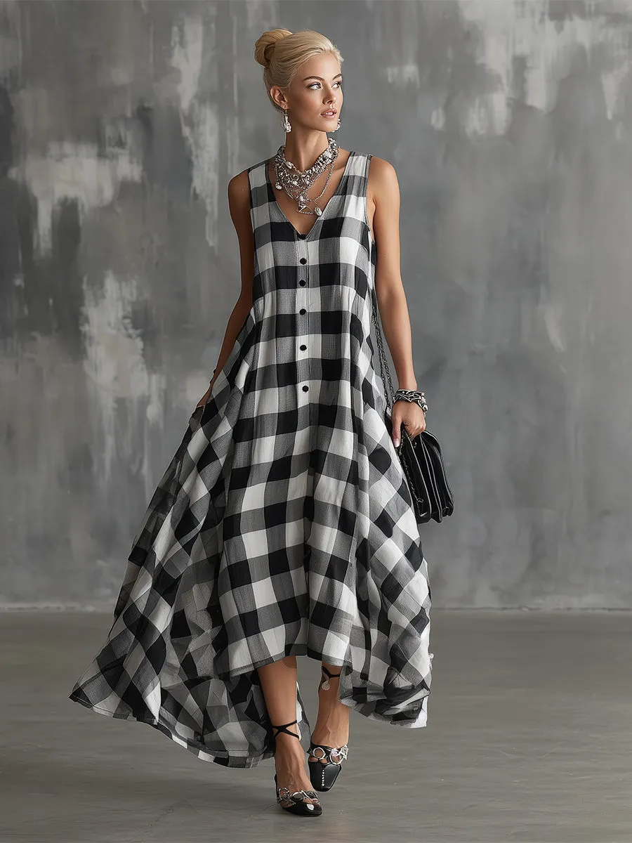 Classic Urban Checkered V-neck Sleeveless Maxi Dress sold by Oyrosy product image thumbnail 2
