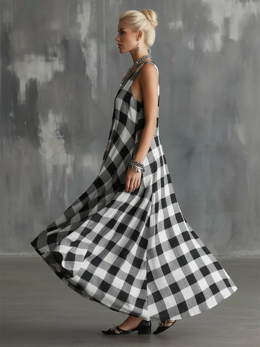Classic Urban Checkered V-neck Sleeveless Maxi Dress sold by Oyrosy product image thumbnail 3