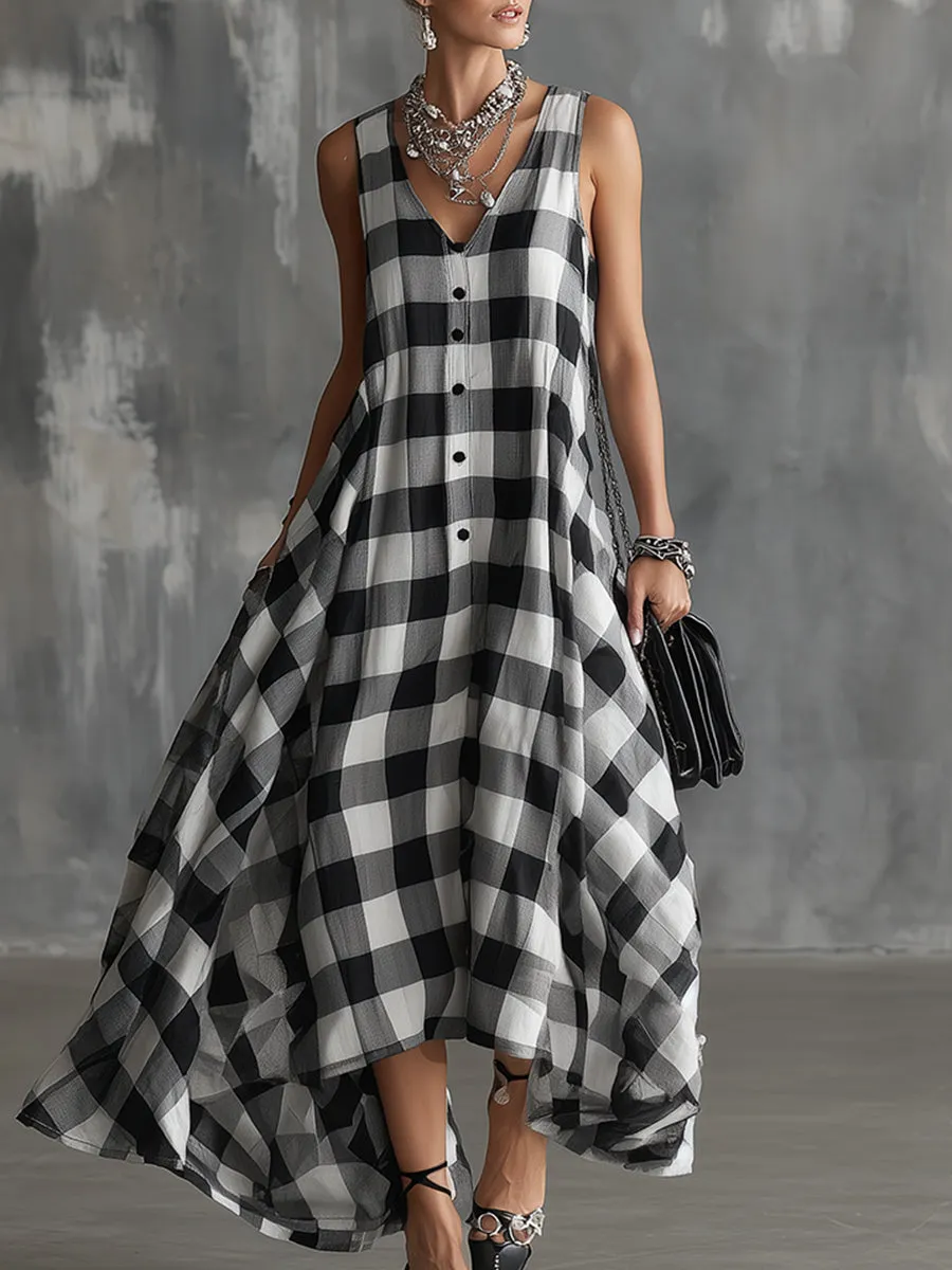 Classic Urban Checkered V-neck Sleeveless Maxi Dress sold by Oyrosy