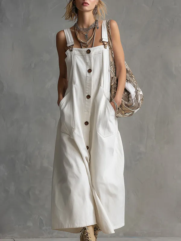 Stylish Urban White Denim Wide-strap Sleeveless Midi Dress made by Oyrosy