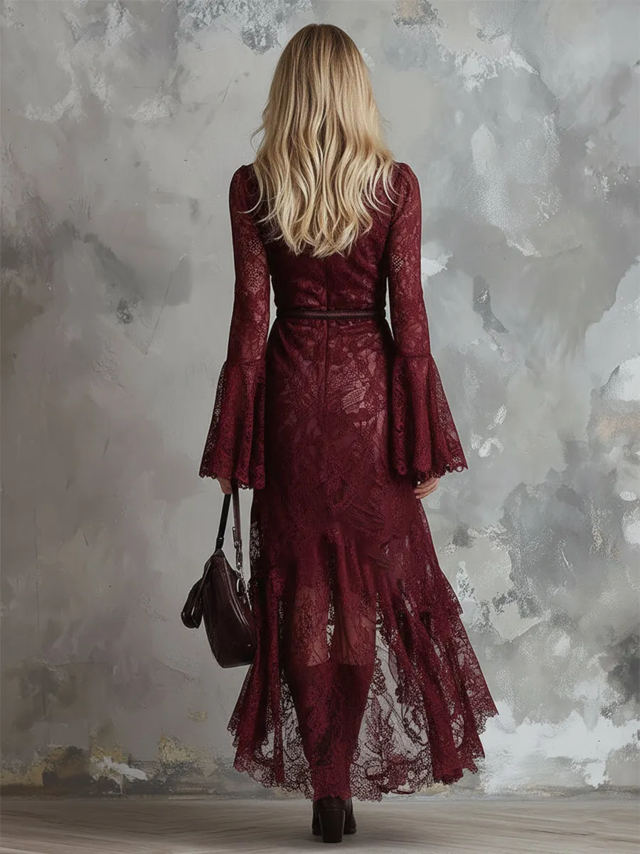 Elegant Evening Gown Burgundy Lace Long-sleeved Maxi Dress sold by Oyrosy product image thumbnail 4