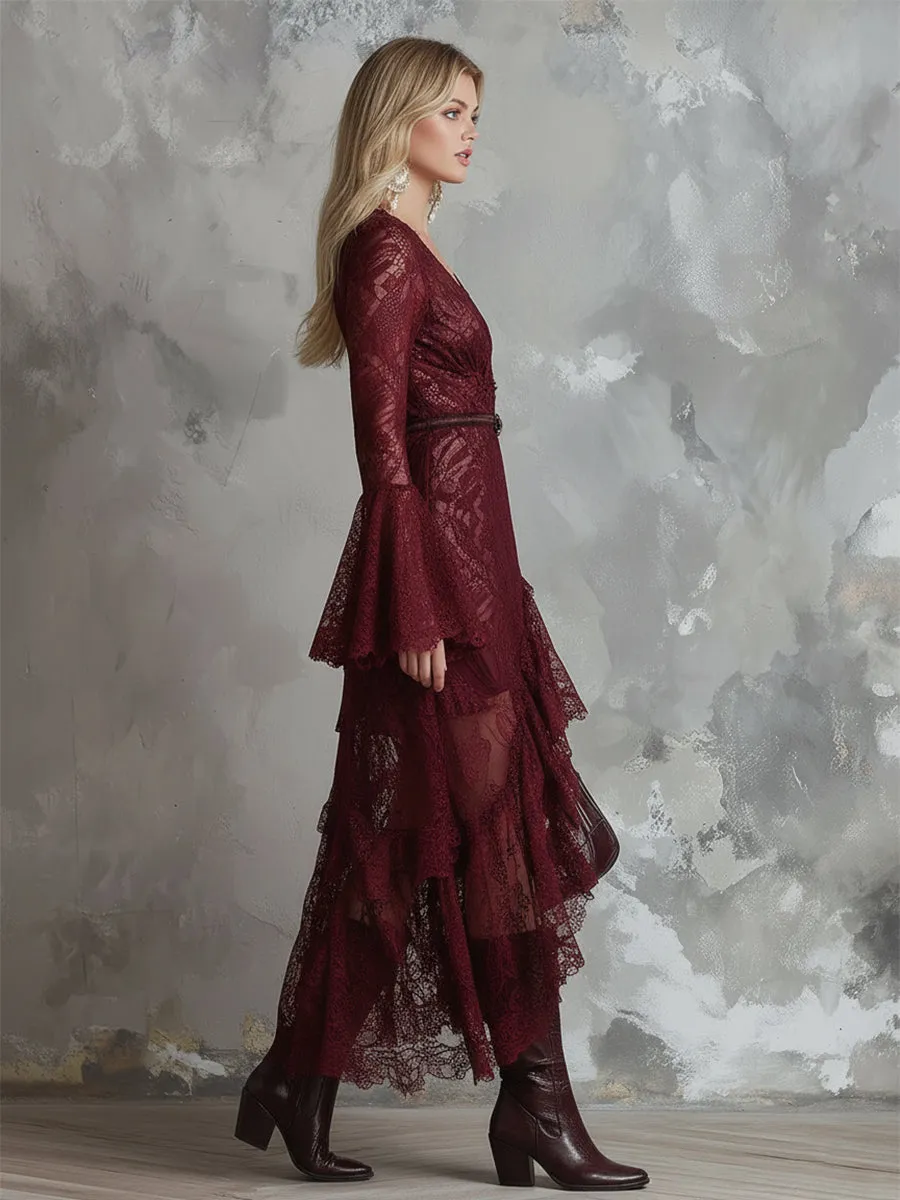 Elegant Evening Gown Burgundy Lace Long-sleeved Maxi Dress sold by Oyrosy product image thumbnail 3