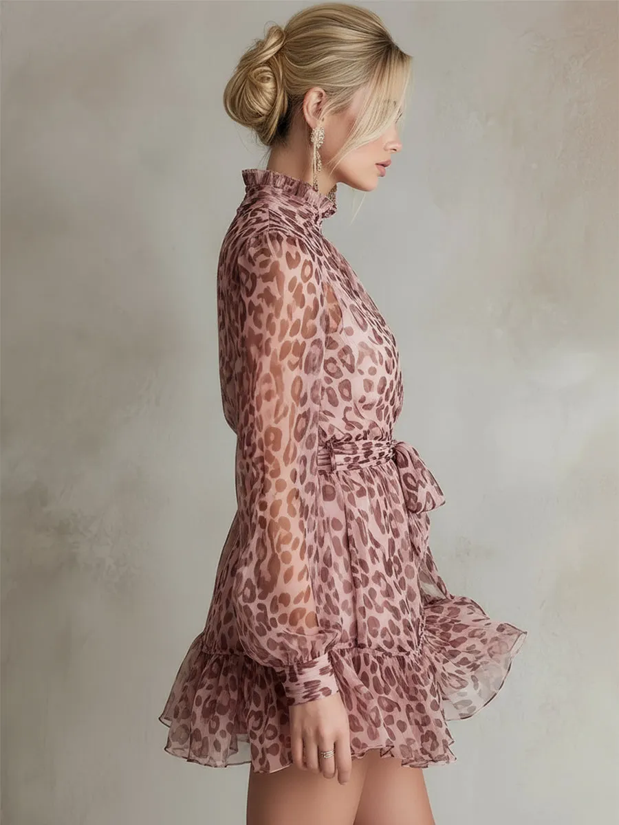 Elegant Prom Pink Leopard Print Chiffon Long-sleeved Mini Dress sold by Oyrosy product image thumbnail 3