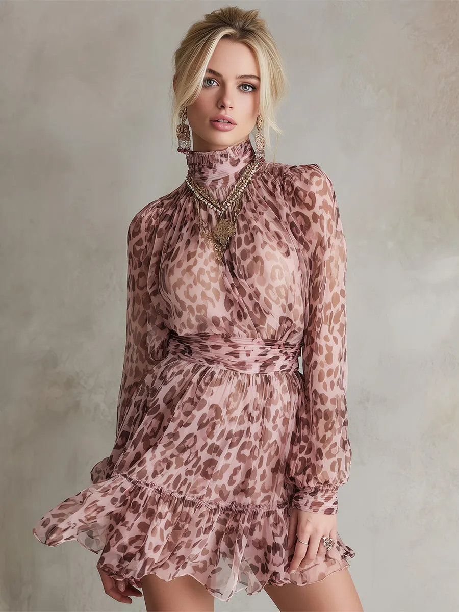 Elegant Prom Pink Leopard Print Chiffon Long-sleeved Mini Dress sold by Oyrosy product image thumbnail 2