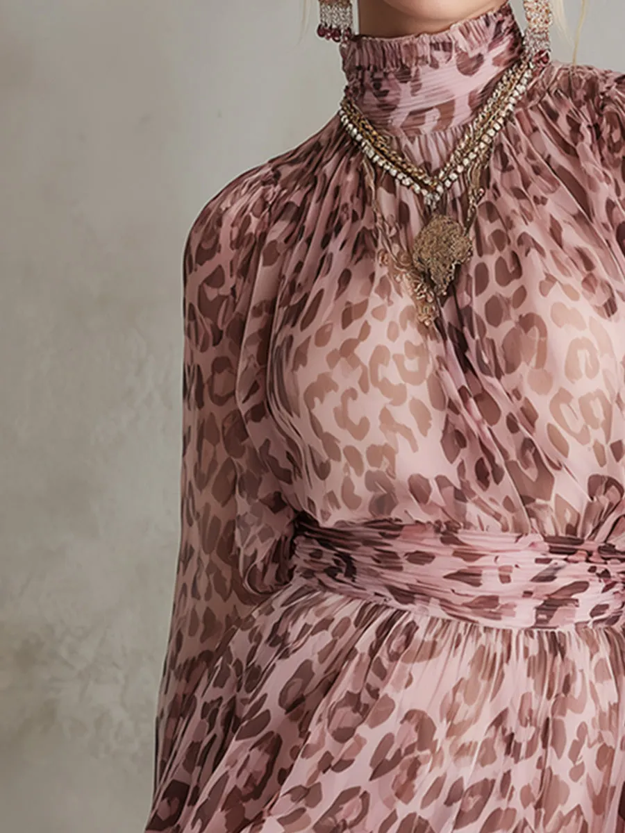 Elegant Prom Pink Leopard Print Chiffon Long-sleeved Mini Dress sold by Oyrosy product image thumbnail 5