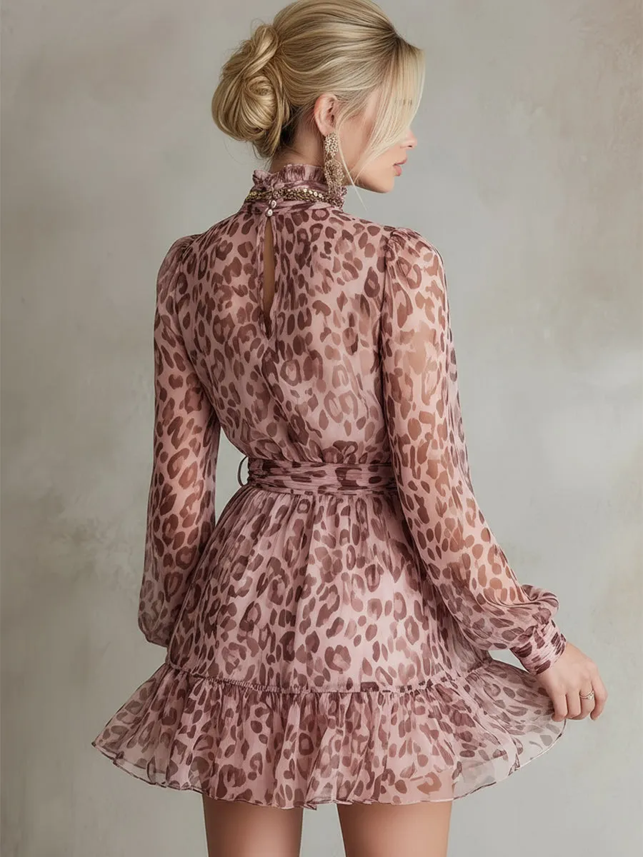 Elegant Prom Pink Leopard Print Chiffon Long-sleeved Mini Dress sold by Oyrosy product image thumbnail 4
