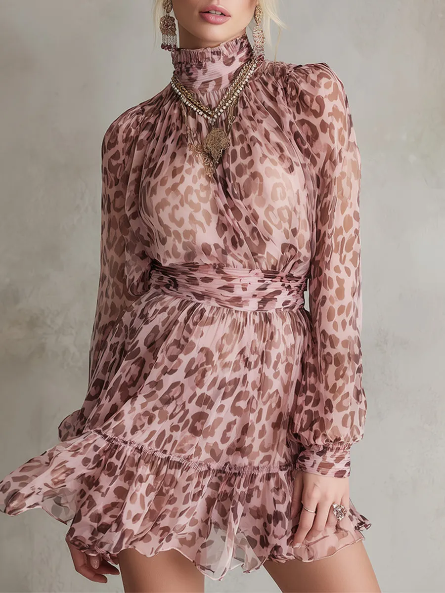 Elegant Prom Pink Leopard Print Chiffon Long-sleeved Mini Dress sold by Oyrosy