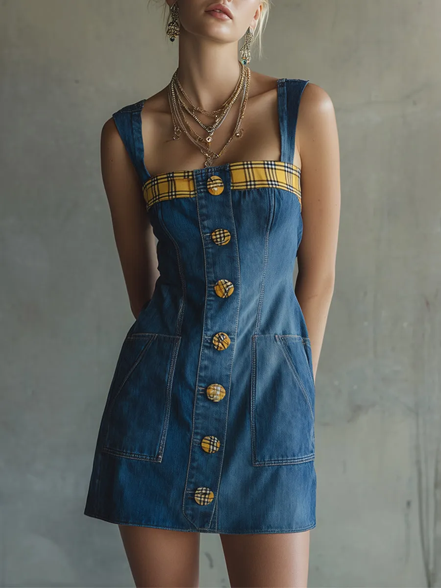 Stylish Collared Plaid Trim Blue Denim Sleeveless Mini Dress sold by Oyrosy