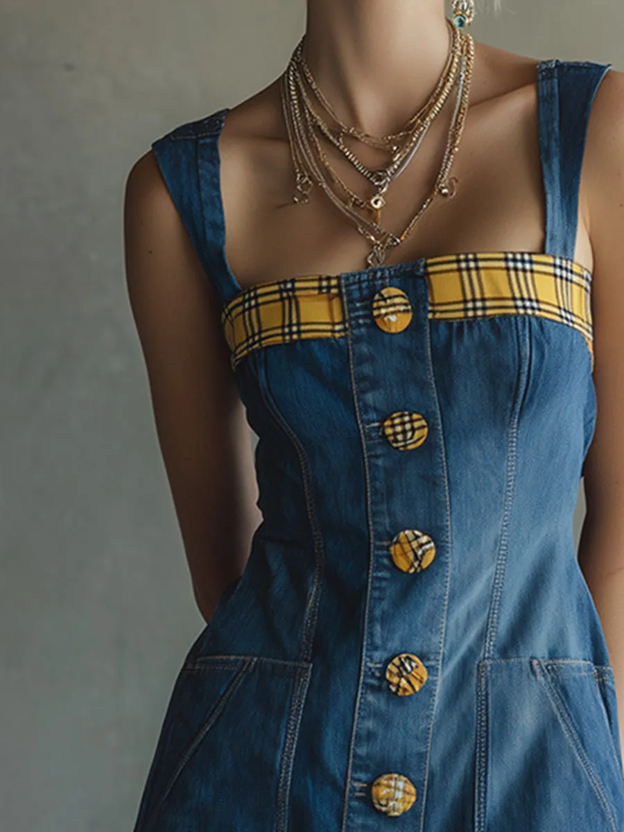 Stylish Collared Plaid Trim Blue Denim Sleeveless Mini Dress sold by Oyrosy product image thumbnail 5