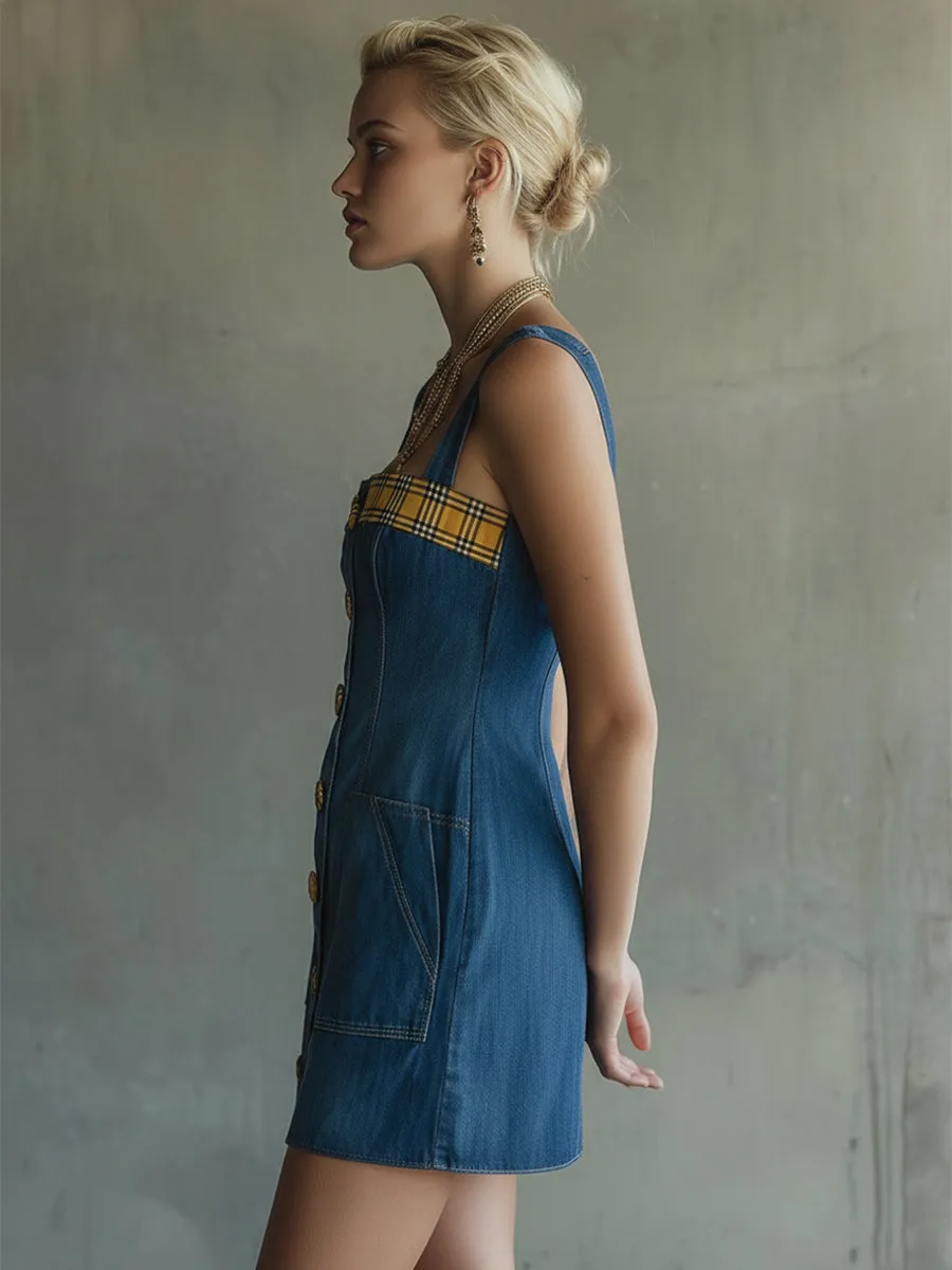 Stylish Collared Plaid Trim Blue Denim Sleeveless Mini Dress sold by Oyrosy product image thumbnail 3