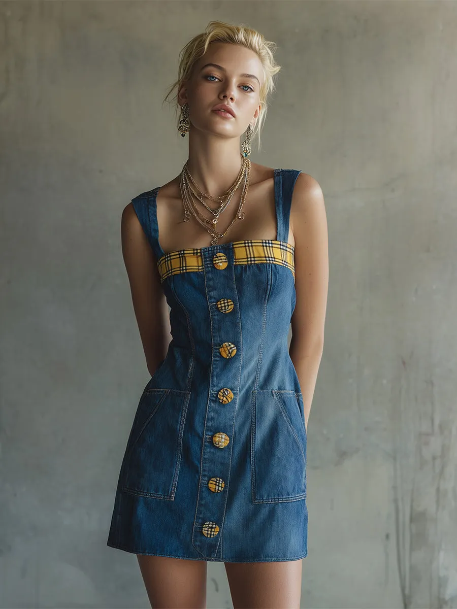 Stylish Collared Plaid Trim Blue Denim Sleeveless Mini Dress sold by Oyrosy product image thumbnail 2