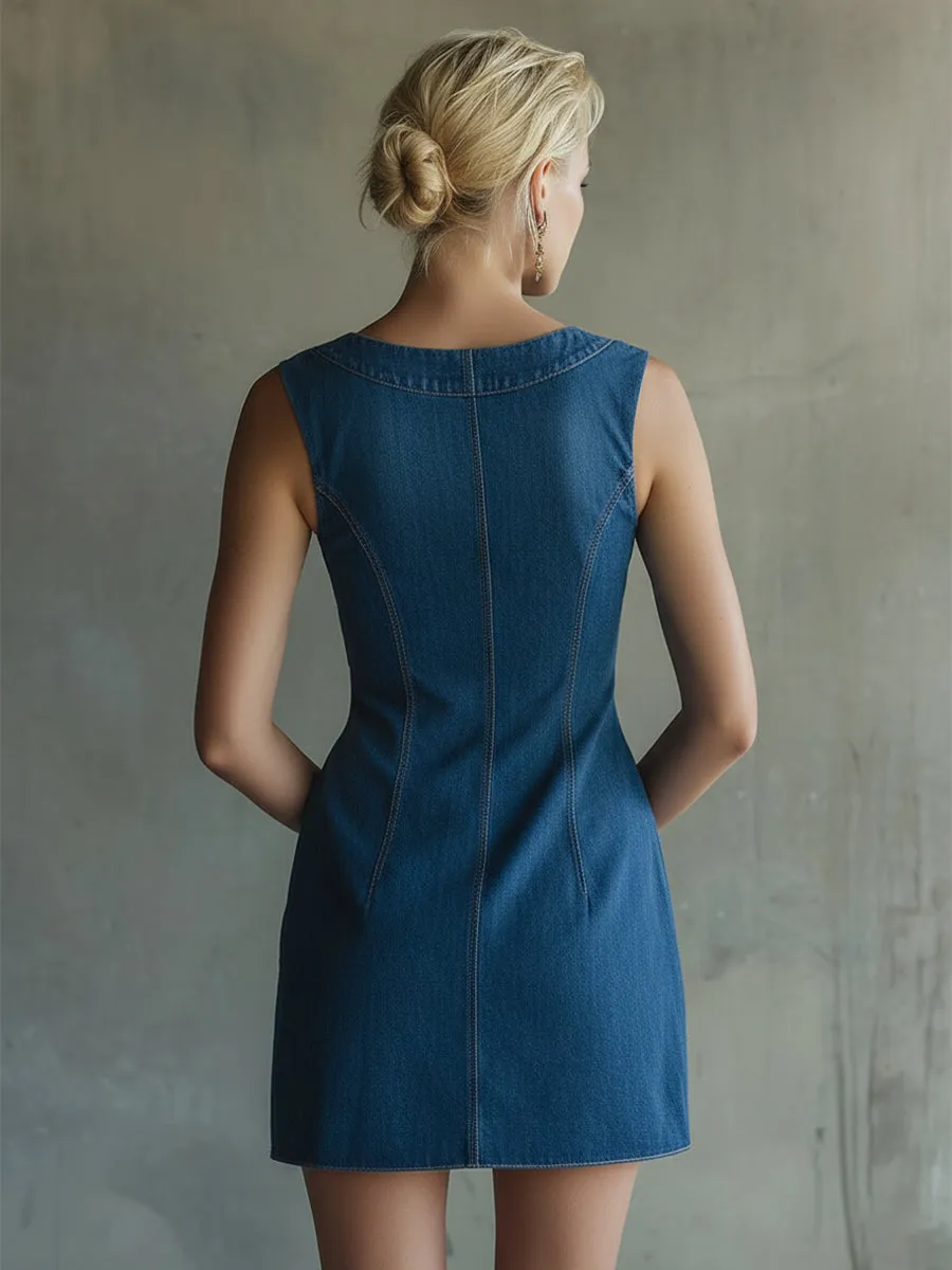 Stylish Collared Plaid Trim Blue Denim Sleeveless Mini Dress sold by Oyrosy product image thumbnail 4