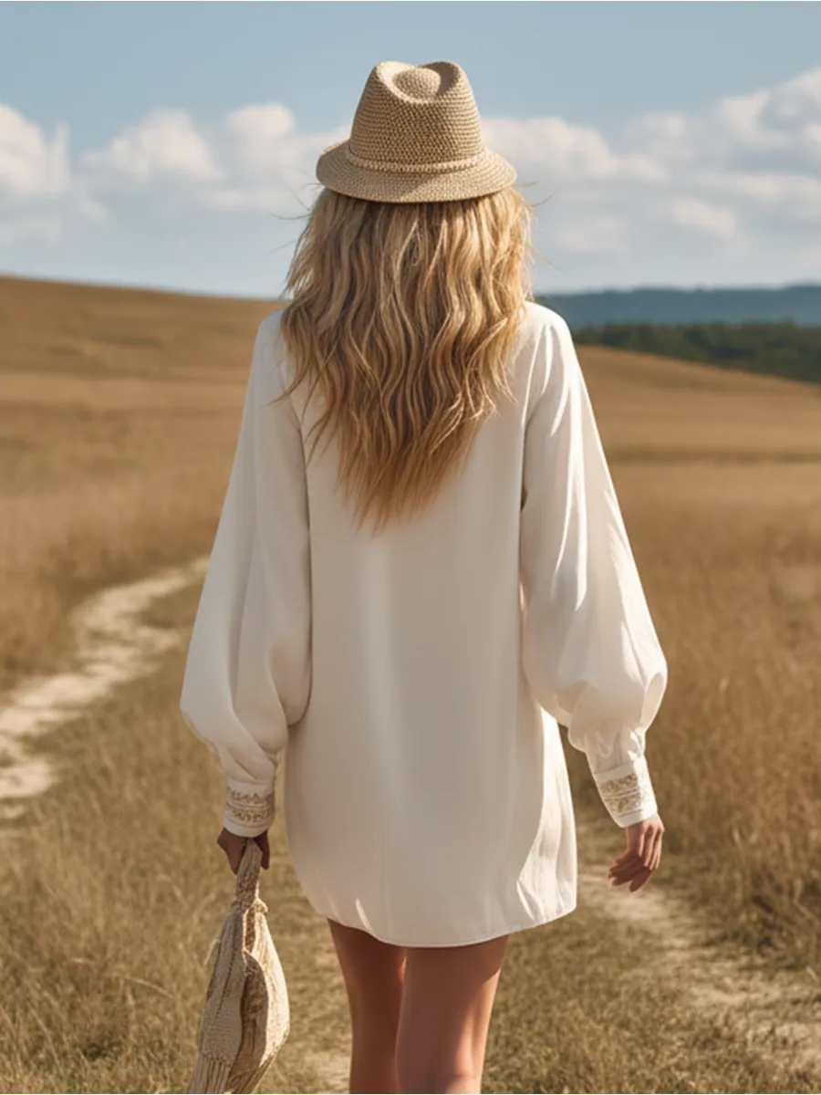 Beautiful Retro V-neck Zip-up Long-sleeved Embroidered Mini Dress sold by Oyrosy product image thumbnail 3