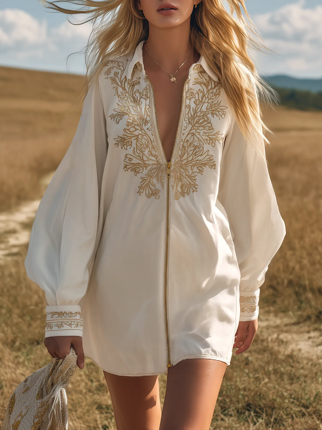 Beautiful Retro V-neck Zip-up Long-sleeved Embroidered Mini Dress sold by Oyrosy