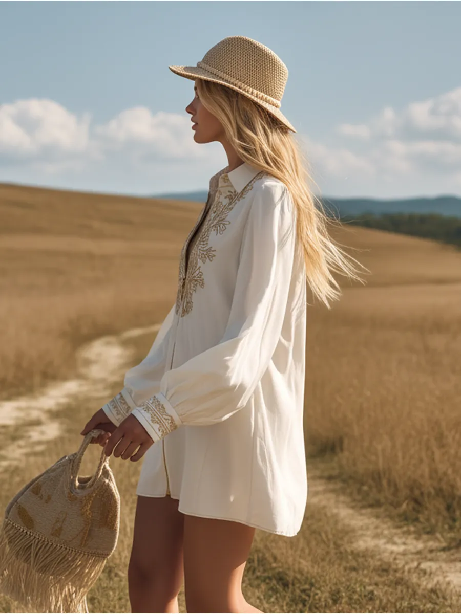 Beautiful Retro V-neck Zip-up Long-sleeved Embroidered Mini Dress sold by Oyrosy product image thumbnail 2