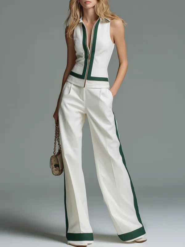 Retro-style Collared Zip-up Sleeveless Top And Color-blocked Trousers Set made by Oyrosy