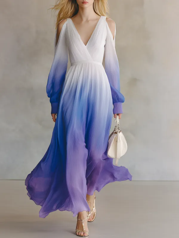 Exquisite And Elegant Long-sleeved V-neck Gradient Chiffon Maxi Dress sold by Oyrosy