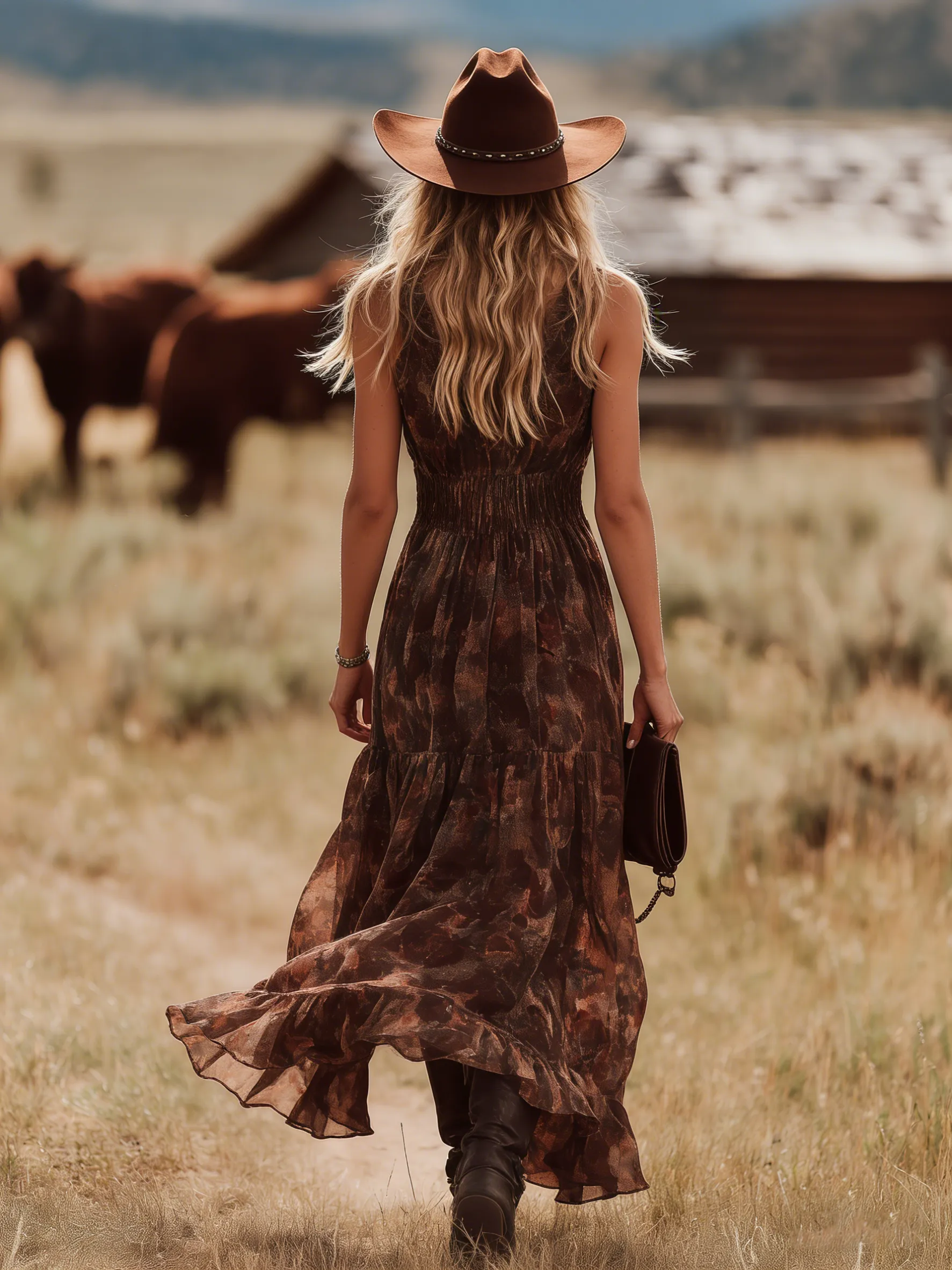 Retro Casual Sleeveless V-neck Printed Slit Ruffle Chiffon Maxi Dress sold by Oyrosy product image thumbnail 3