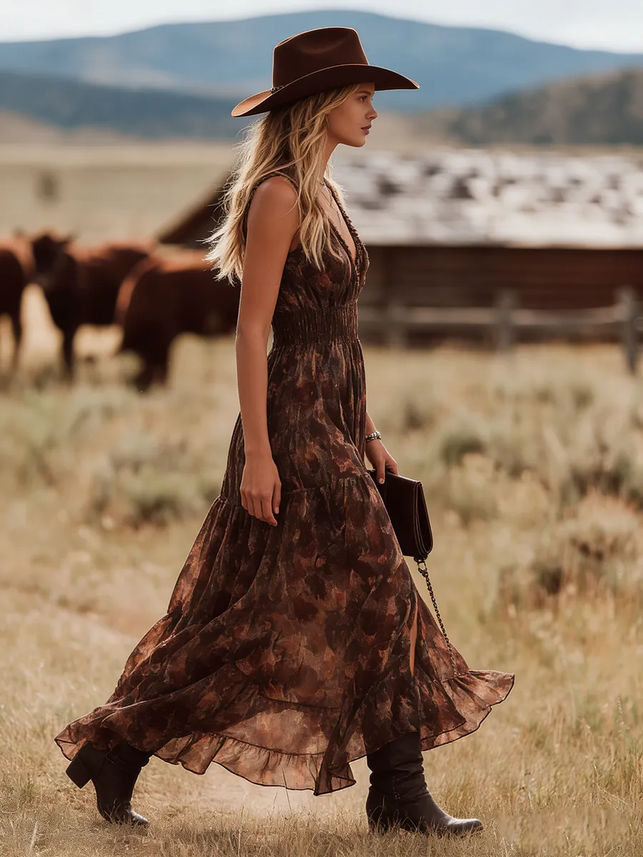 Retro Casual Sleeveless V-neck Printed Slit Ruffle Chiffon Maxi Dress sold by Oyrosy product image thumbnail 2
