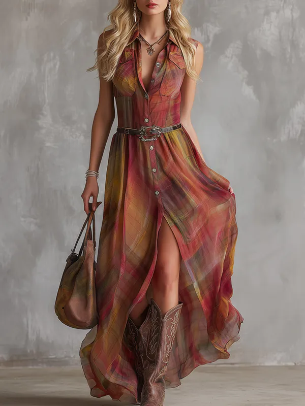 Retro Bohemian Reddish-brown Check Print Chiffon Sleeveless Maxi Dress sold by Oyrosy