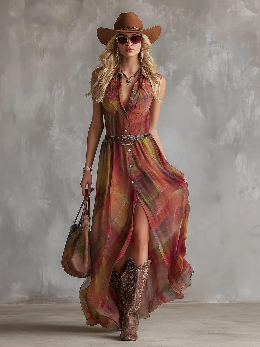 Retro Bohemian Reddish-brown Check Print Chiffon Sleeveless Maxi Dress sold by Oyrosy product image thumbnail 2