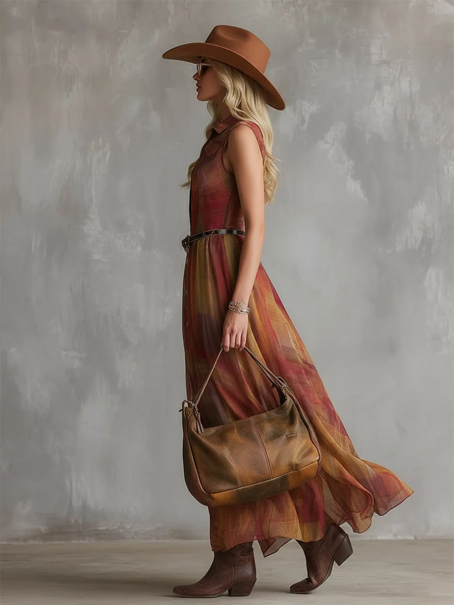 Retro Bohemian Reddish-brown Check Print Chiffon Sleeveless Maxi Dress sold by Oyrosy product image thumbnail 3