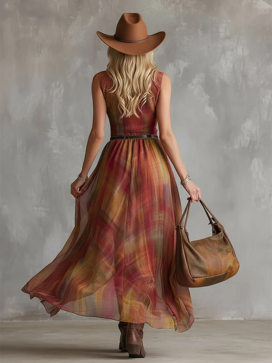 Retro Bohemian Reddish-brown Check Print Chiffon Sleeveless Maxi Dress sold by Oyrosy product image thumbnail 4