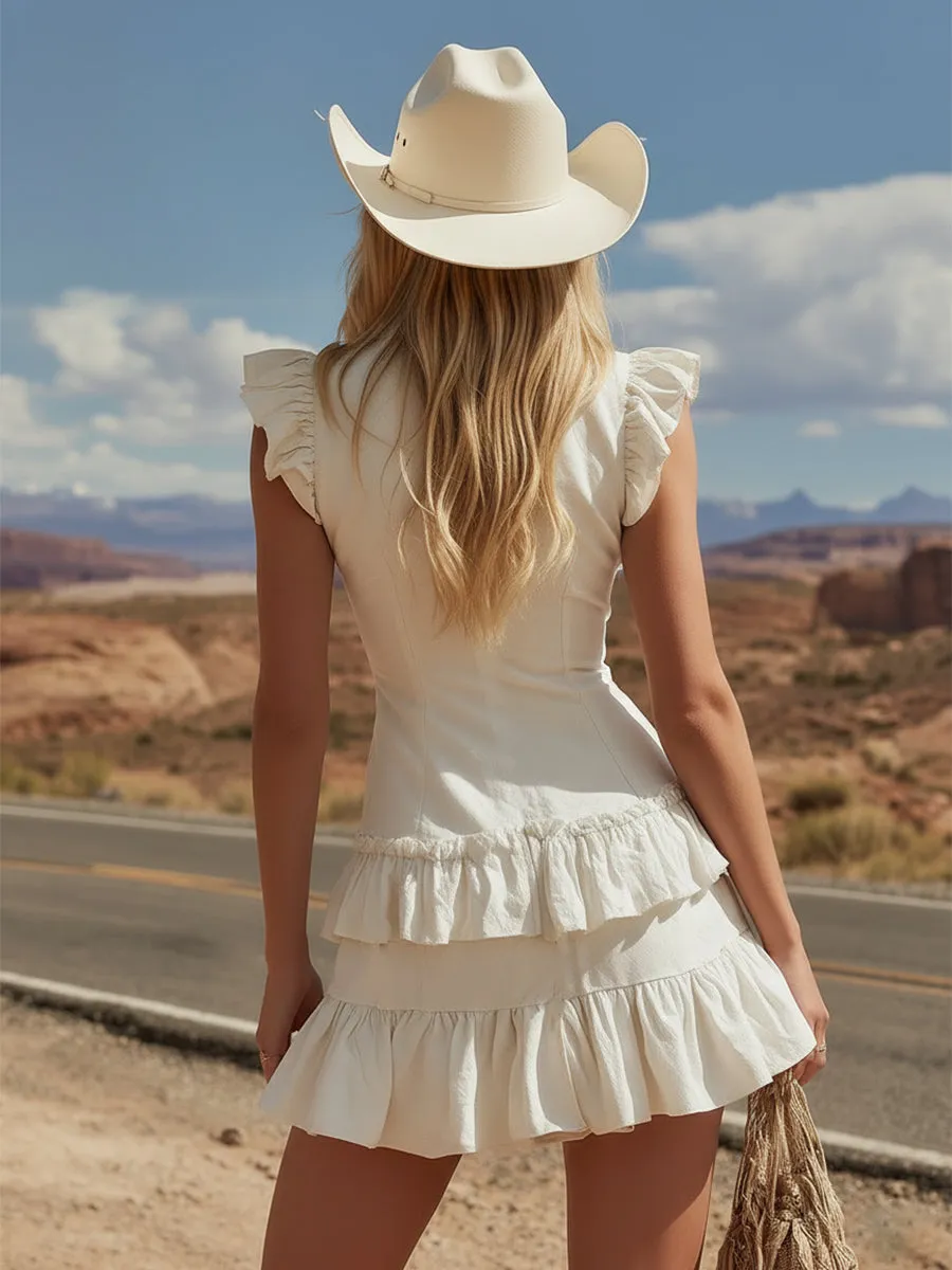 Trendy Retro Ruffled Off-white Denim Sleeveless Mini Dress sold by Oyrosy product image thumbnail 4