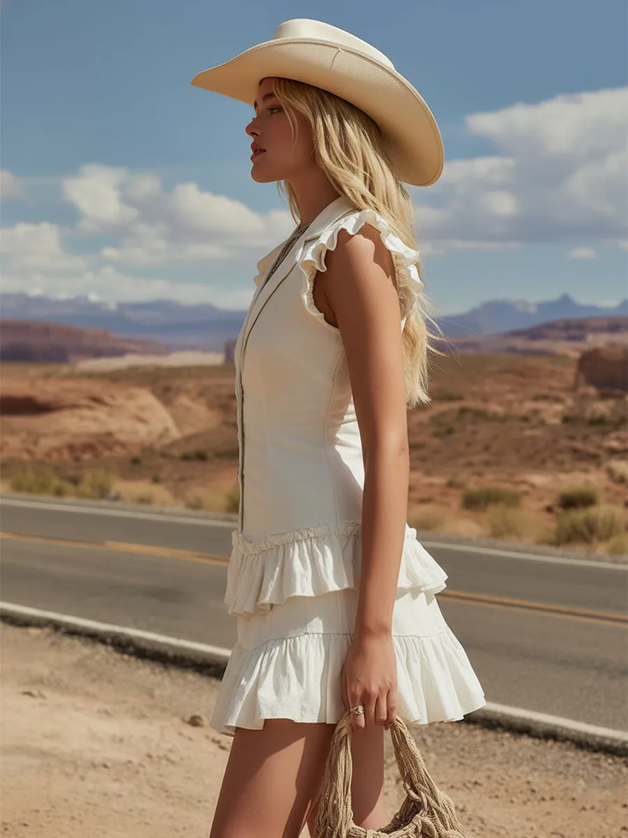 Trendy Retro Ruffled Off-white Denim Sleeveless Mini Dress sold by Oyrosy product image thumbnail 3