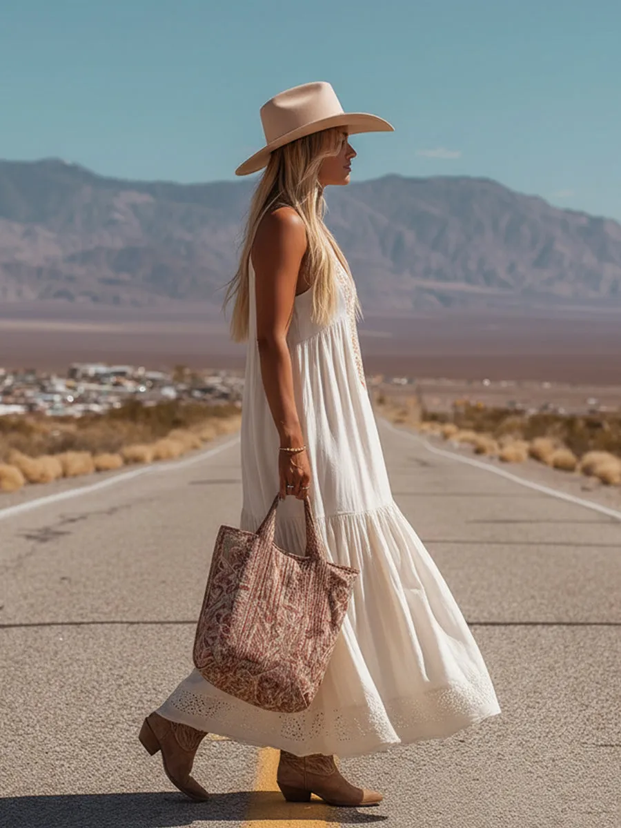 Exquisite Western-style Embroidered White Cotton And Linen Sleeveless Maxi Dress sold by Oyrosy product image thumbnail 3
