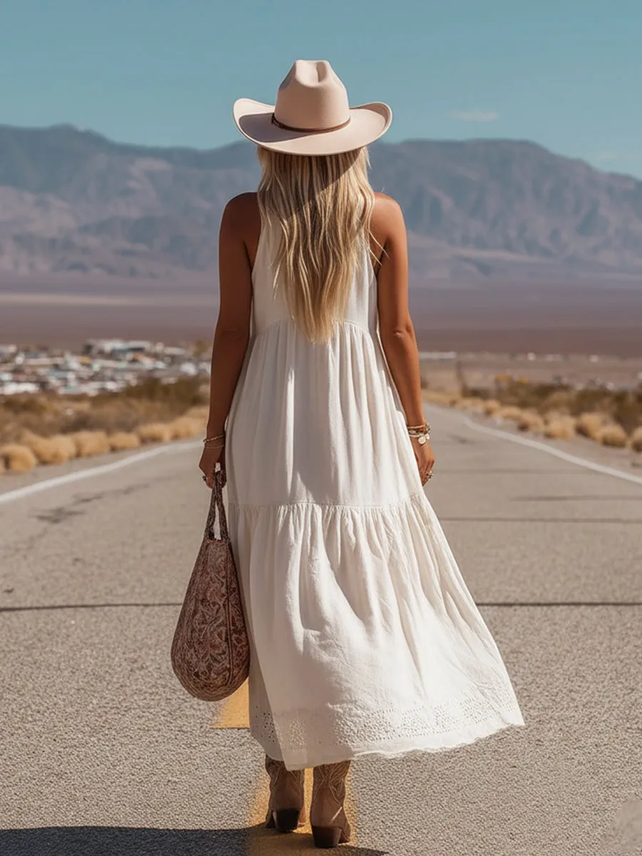 Exquisite Western-style Embroidered White Cotton And Linen Sleeveless Maxi Dress sold by Oyrosy product image thumbnail 4