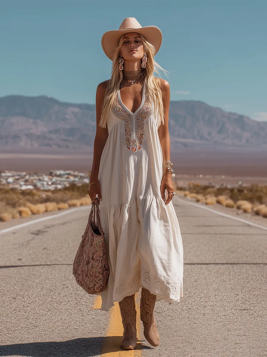 Exquisite Western-style Embroidered White Cotton And Linen Sleeveless Maxi Dress sold by Oyrosy product image thumbnail 2
