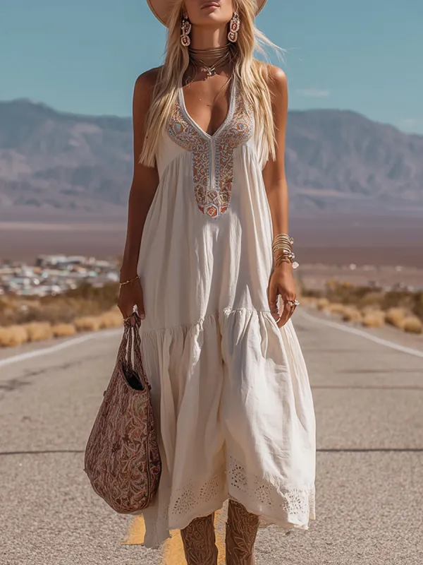 Exquisite Western-style Embroidered White Cotton And Linen Sleeveless Maxi Dress made by Oyrosy