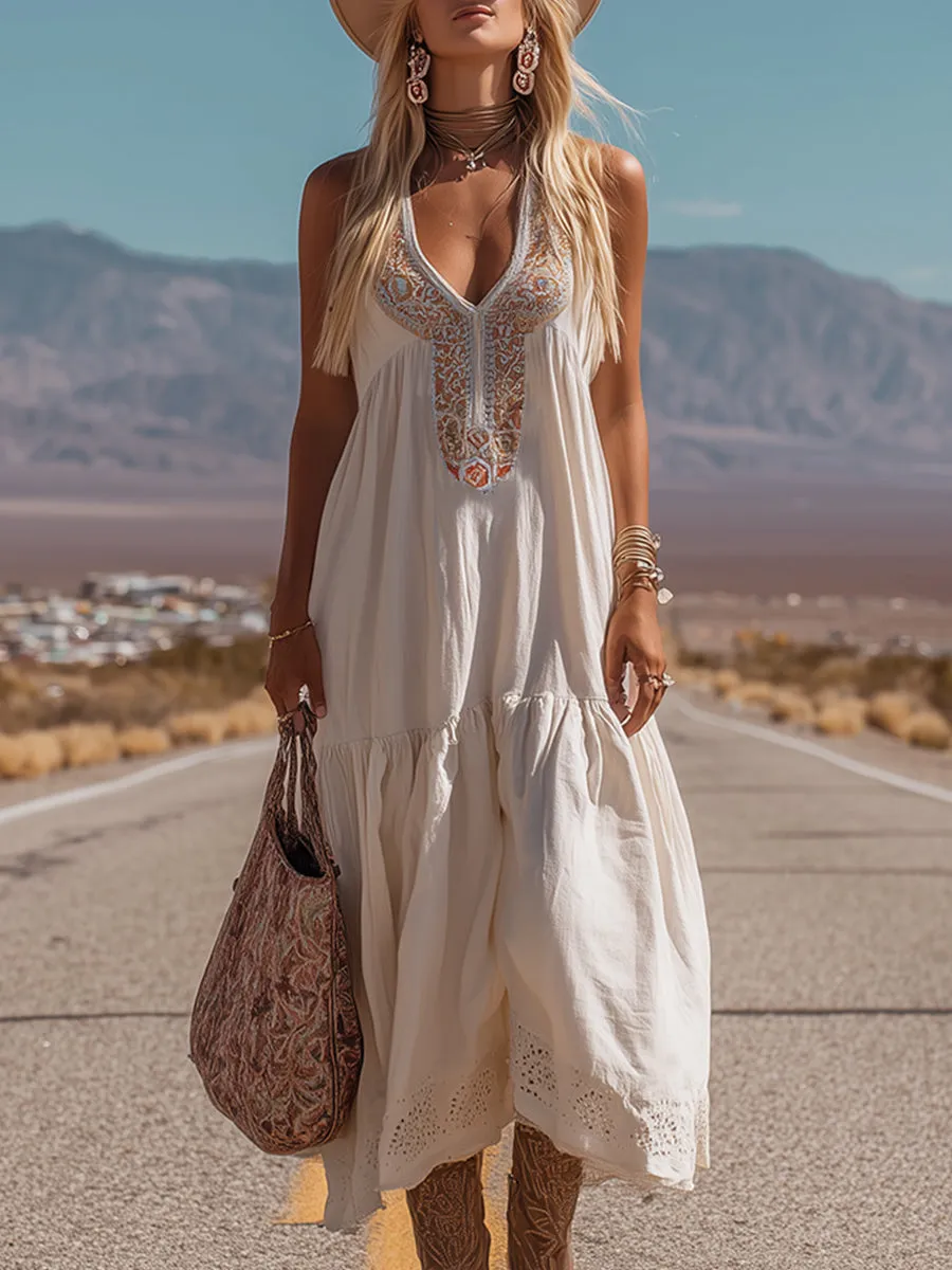Exquisite Western-style Embroidered White Cotton And Linen Sleeveless Maxi Dress sold by Oyrosy