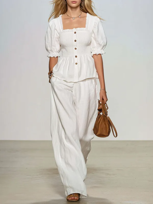 Cotton And Linen Square Neck Puff Short-sleeved Top And Pants Set made by Oyrosy