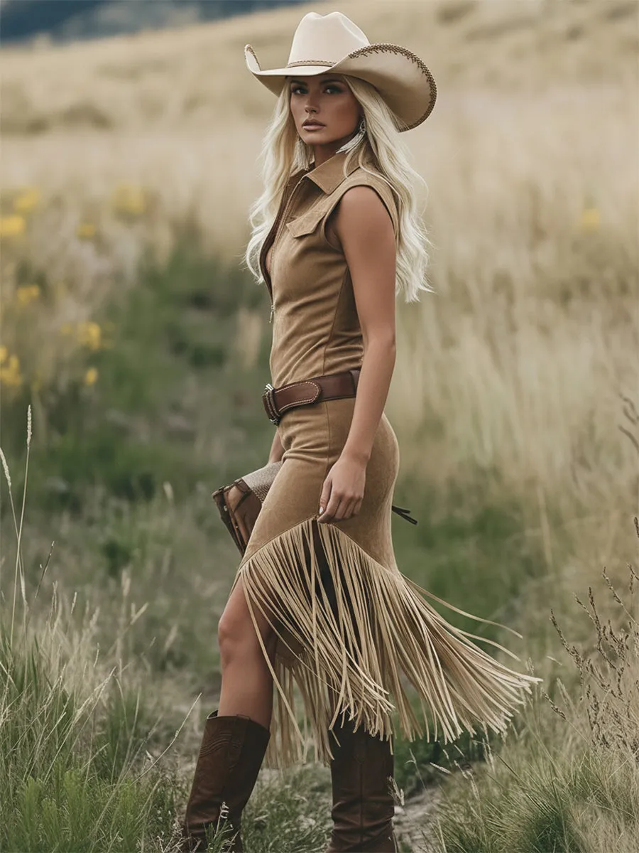 Retro Western-style Light Brown Sleeveless Tassel Midi Dress sold by Oyrosy product image thumbnail 2