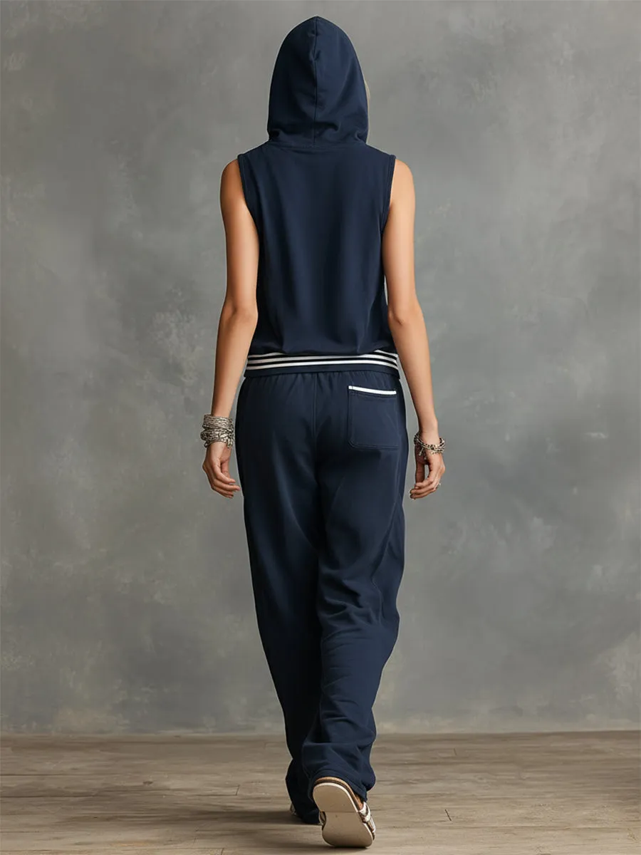 Casual Sportswear White Striped Navy Blue Sleeveless Hoodie And Trousers Set sold by Oyrosy product image thumbnail 4