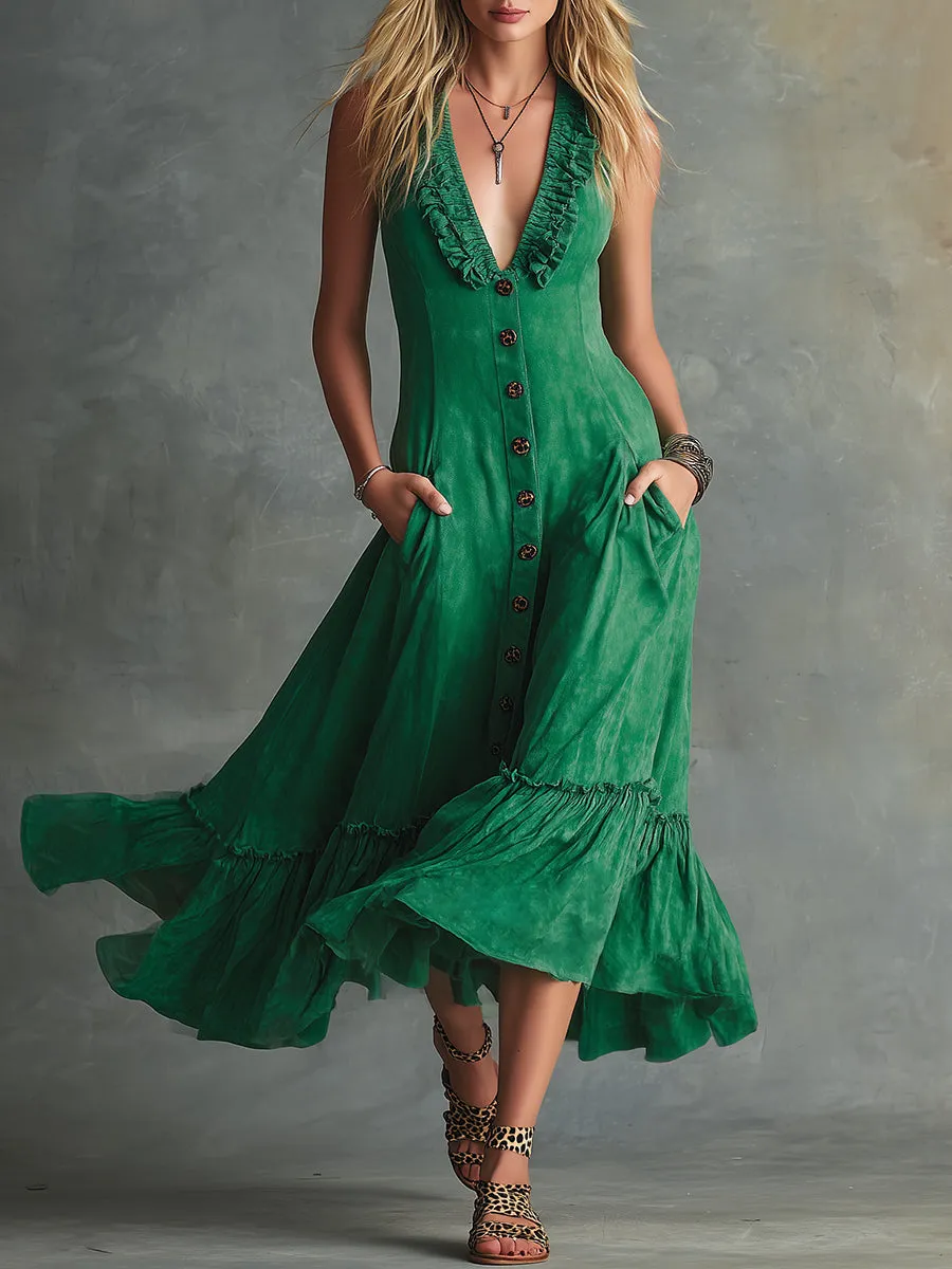Retro Western Green Faux Suede V-Neck Ruffled Button Midi Dress sold by Oyrosy