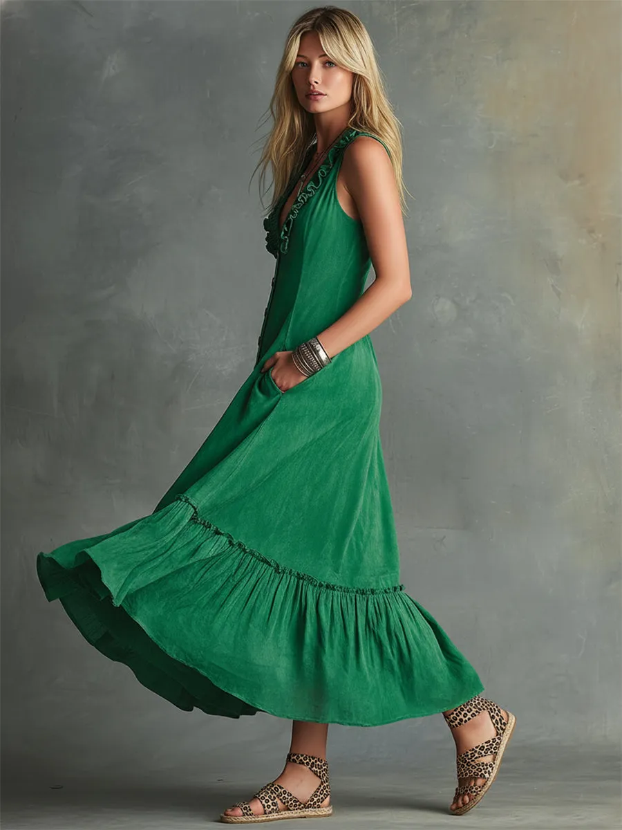 Retro Western Green Faux Suede V-Neck Ruffled Button Midi Dress sold by Oyrosy product image thumbnail 3