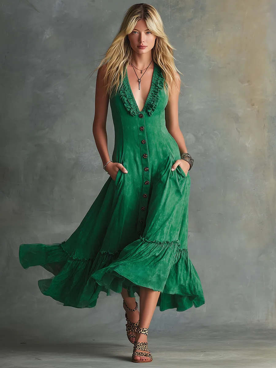 Retro Western Green Faux Suede V-Neck Ruffled Button Midi Dress sold by Oyrosy product image thumbnail 2