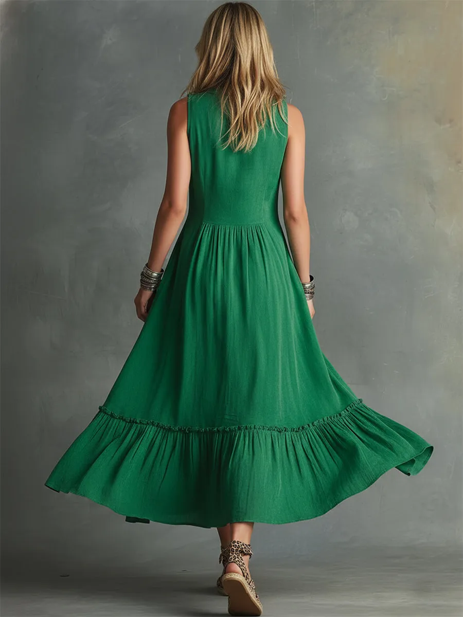 Retro Western Green Faux Suede V-Neck Ruffled Button Midi Dress sold by Oyrosy product image thumbnail 4
