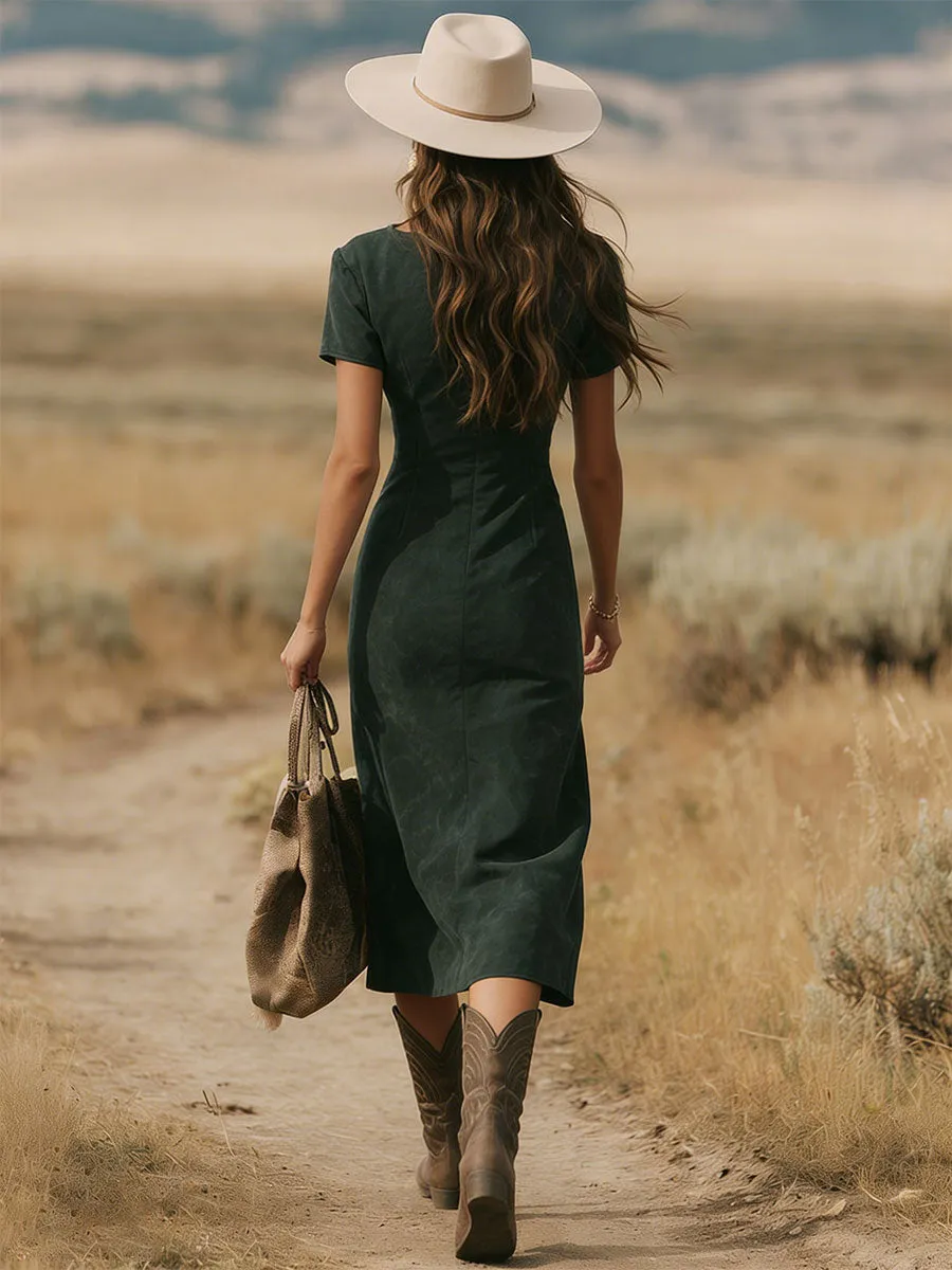 Western-style Retro Embroidered Green Short-sleeved Zip-up Faux Suede Midi Dress sold by Oyrosy product image thumbnail 3