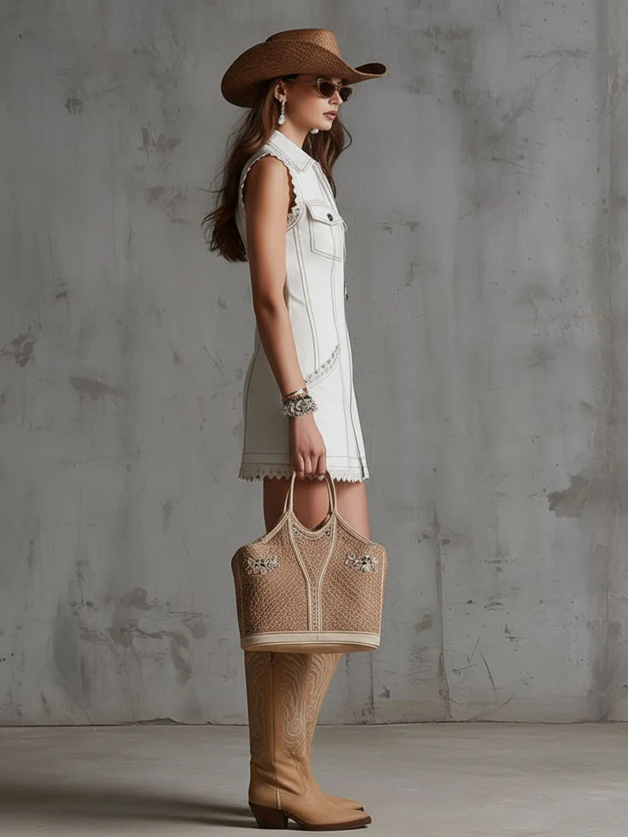 Western Retro White Denim Lace Sleeveless Mini Dress sold by Oyrosy product image thumbnail 3