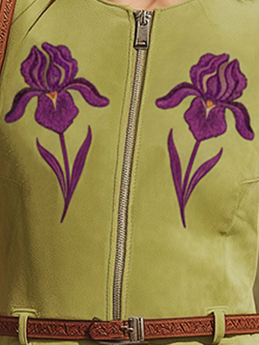 Western-style Retro Embroidered Green Tassel Round Neck Sleeveless Faux Suede Mini Dress sold by Oyrosy product image thumbnail 5