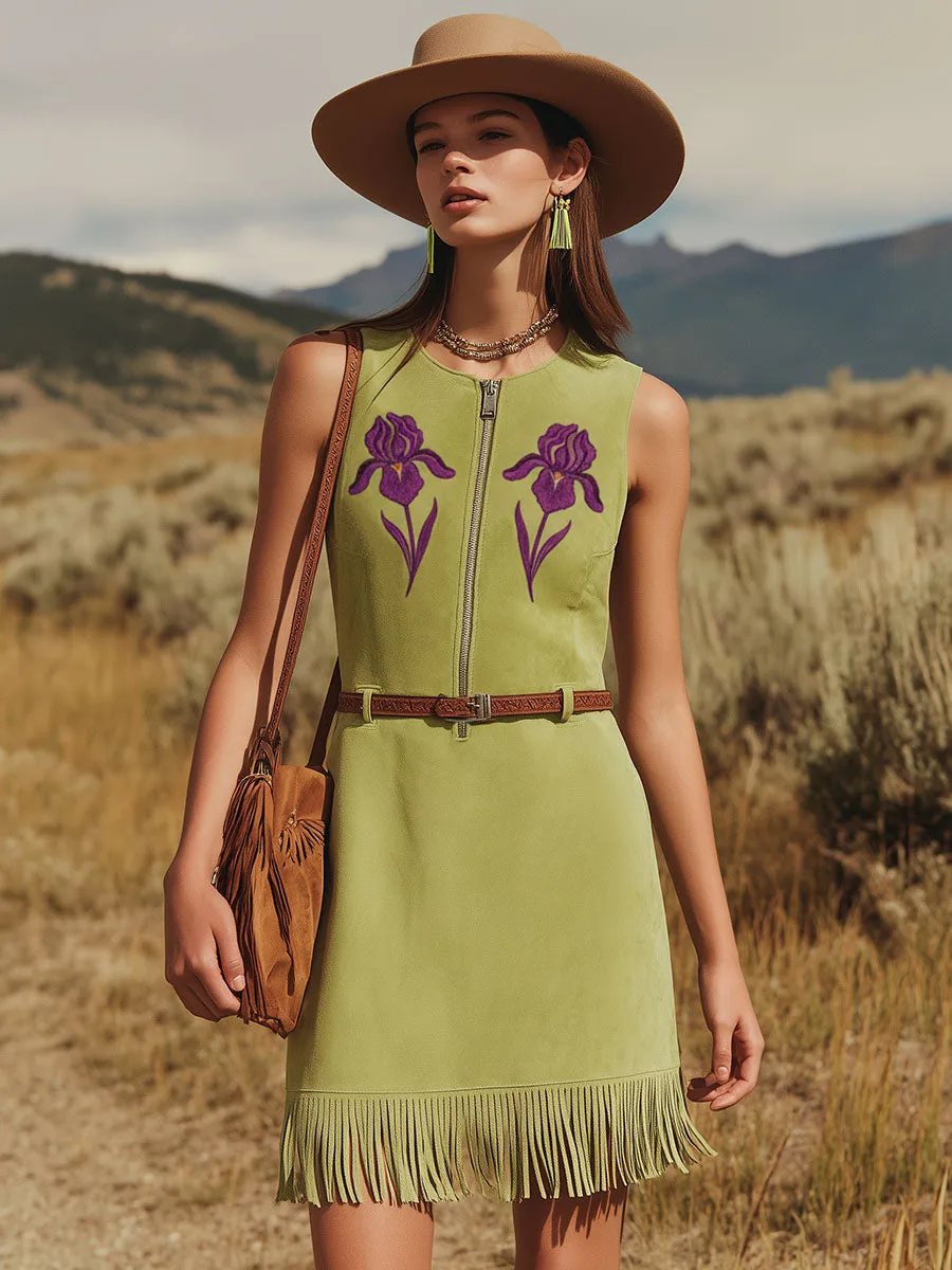 Western-style Retro Embroidered Green Tassel Round Neck Sleeveless Faux Suede Mini Dress sold by Oyrosy product image thumbnail 4