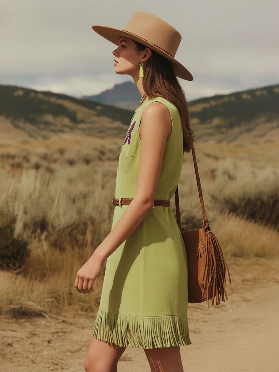 Western-style Retro Embroidered Green Tassel Round Neck Sleeveless Faux Suede Mini Dress sold by Oyrosy product image thumbnail 3