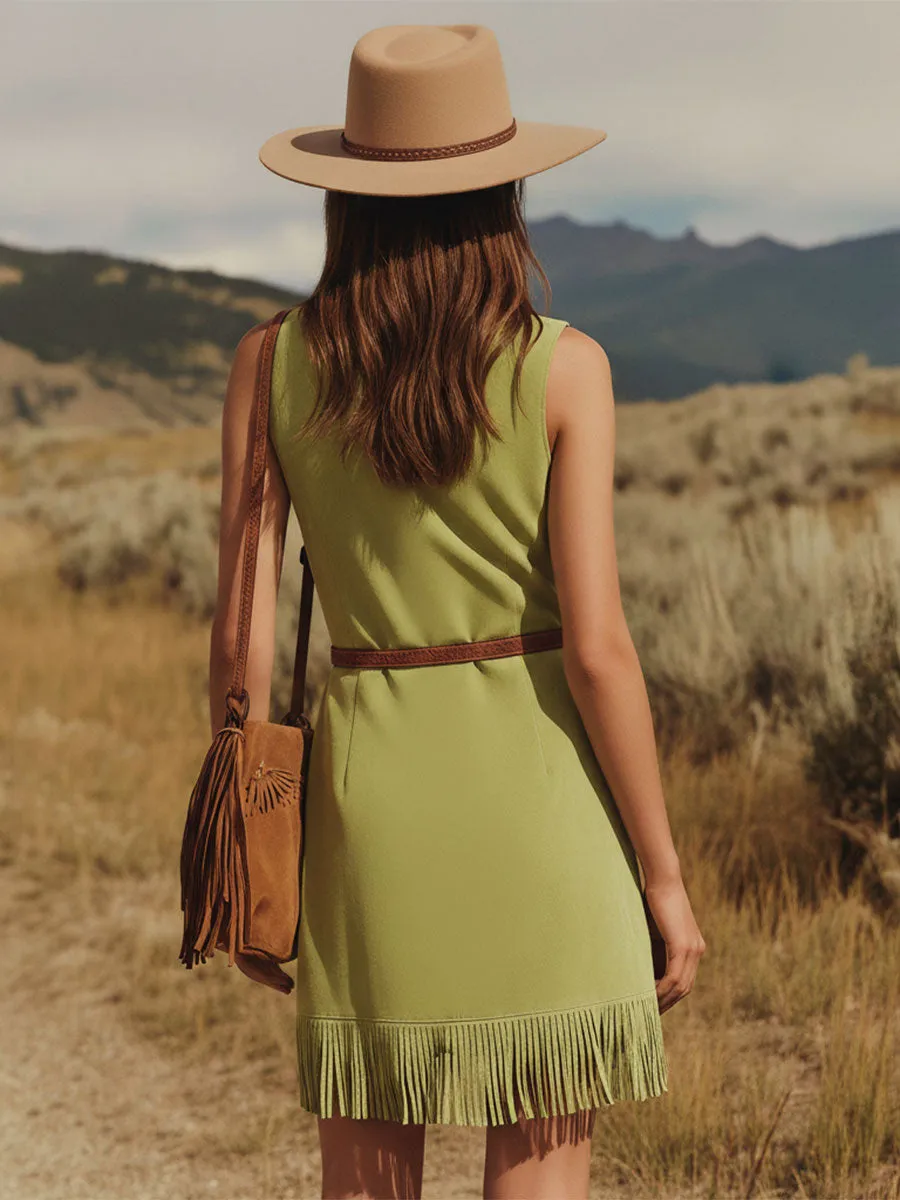 Western-style Retro Embroidered Green Tassel Round Neck Sleeveless Faux Suede Mini Dress sold by Oyrosy product image thumbnail 2