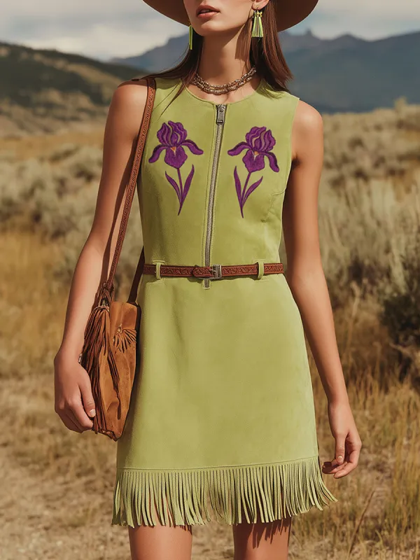 Western-style Retro Embroidered Green Tassel Round Neck Sleeveless Faux Suede Mini Dress sold by Oyrosy