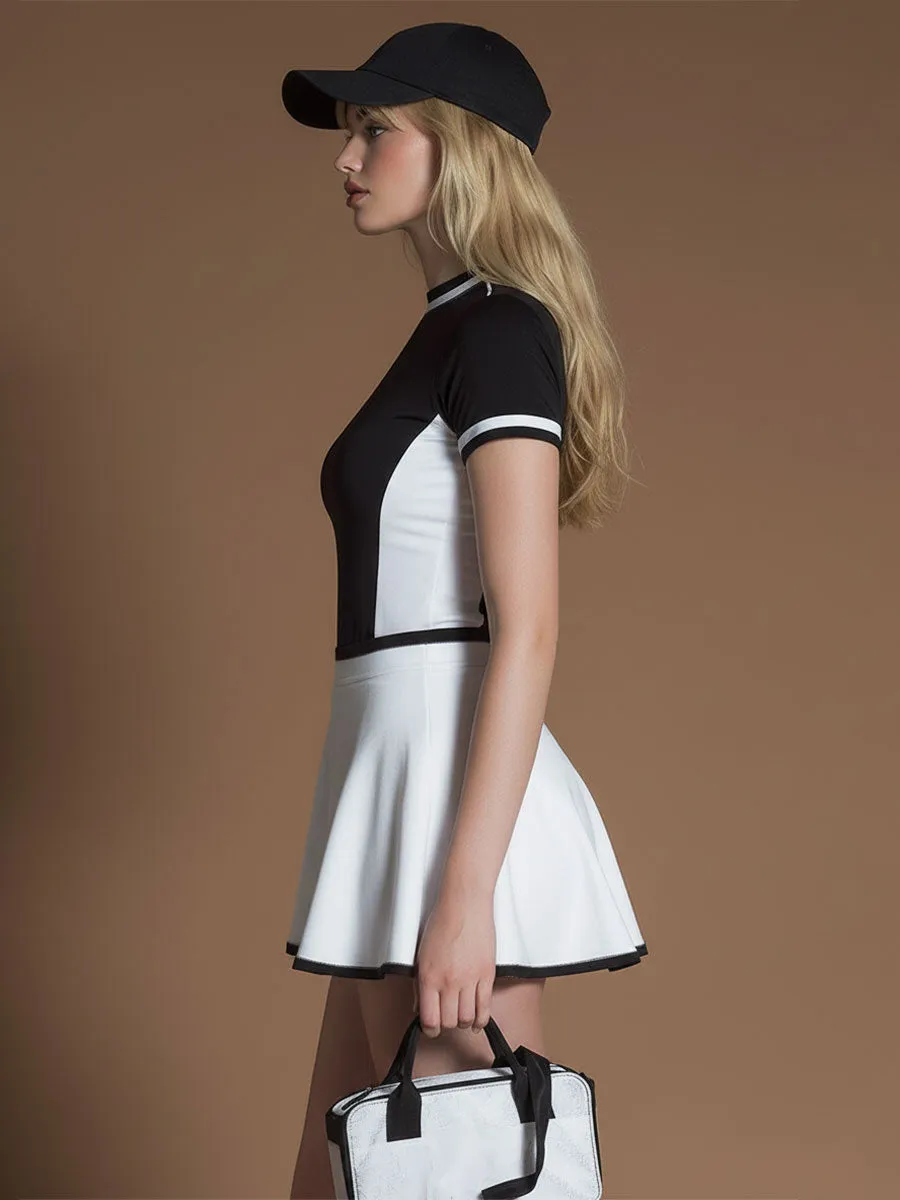 Stylish Black And White Color-blocked Short-sleeved Top And Skirt Set sold by Oyrosy product image thumbnail 5